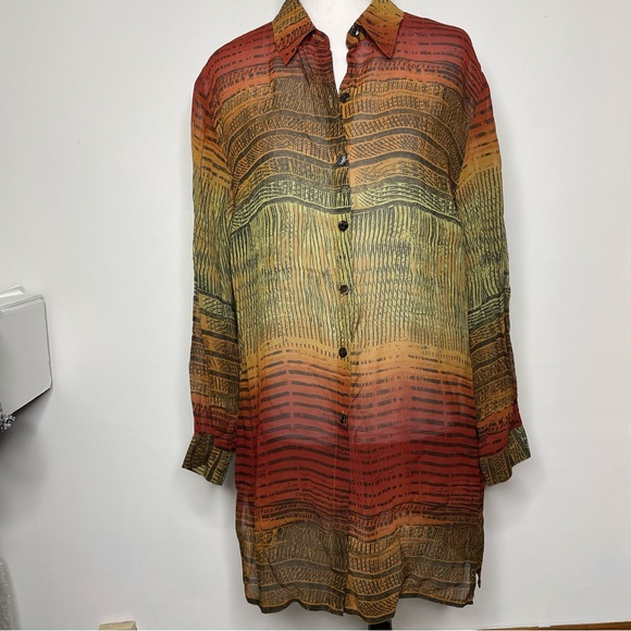 Chico's Design Tops - Chico's Design Sheer Long Sleeve Blouse Tunic Rayon Burnt Orange Tribal Print